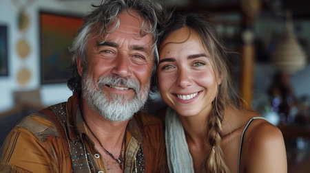 A close-up portrait of a smiling elderly man with a white beard and a young woman, both looking at the camera in an outdoor setting.の素材