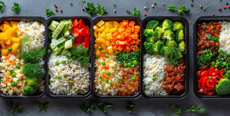 A collection of meal prep containers filled with different combinations of rice, vegetables, and protein, perfect for a healthy and balanced lunch.の素材