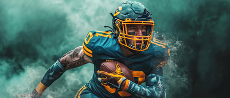 An American football player in full uniform runs through a cloud of green smoke, holding a football in his hand.の素材