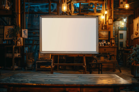 A modern television screen with a blurred light bokeh background sits on a rustic wooden table in a dimly lit cafe.の素材