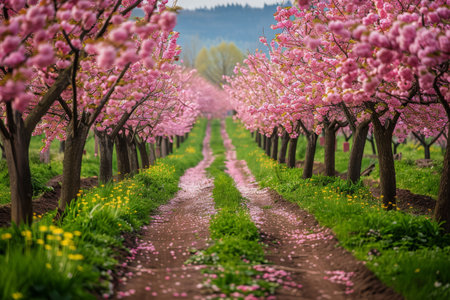 A pathway lined with pink cherry blossom trees during spring.の素材