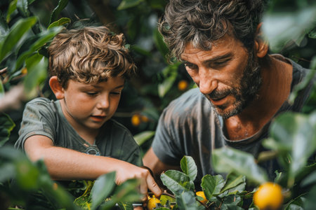 A father and his young son are exploring nature together on a sunny day. The father is pointing out something to his son, who is looking intently at it. The two are surrounded by green leaves and branches.の素材
