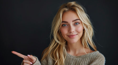 A blonde woman with a warm smile is wearing a pink knit sweater. She is pointing with her right index finger to the left side of the frame against a teal background.の素材