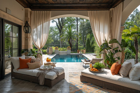 A cozy outdoor seating area with pillows and a wooden table, complete with refreshing drinks and a bowl of fruit, all overlooking a sparkling pool.の素材