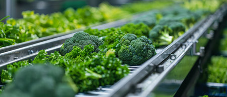 Close-up of a conveyor belt carrying trays of fresh green leafy vegetables in a modern greenhouse.の素材