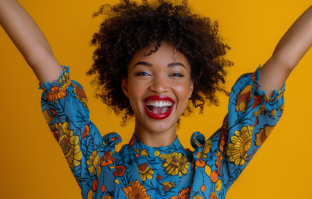 A close-up photo of a woman with curly black hair smiling brightly in front of a yellow wall.の素材