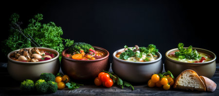 A table set with six bowls of different vegetable soups, garnished with fresh herbs and broccoli. The bowls are rustic and earthenware, and the soups are thick and flavorful.の素材
