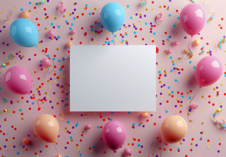 A blank white card is surrounded by colorful balloons, confetti, and streamers on a pink background.の素材