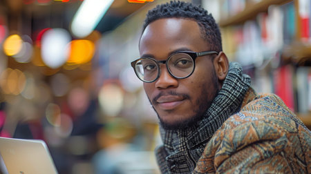 A man wearing glasses and a scarf smiles at the camera. He is in a bookstore, with shelves of books in the background.の素材