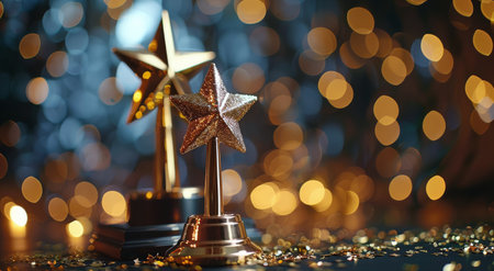 Two gold star awards on a table with confetti falling around them, captured against a bokeh background.の素材