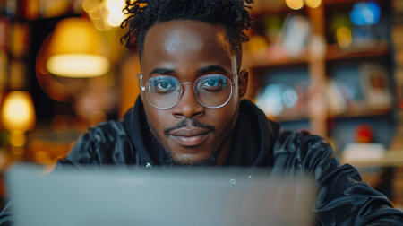 A man wearing glasses and a scarf smiles at the camera. He is in a bookstore, with shelves of books in the background.の素材