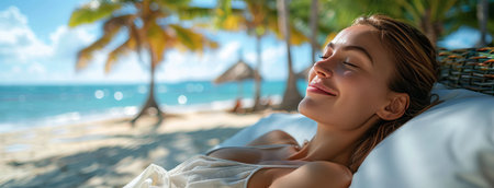 A woman with her eyes closed relaxes on a beach lounger, enjoying the warm sunshine and the sound of the ocean.の素材