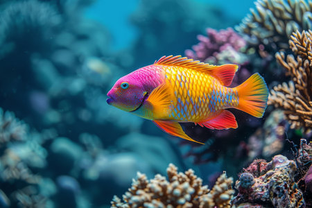 A colorful parrotfish swims through a coral reef, its scales shimmering with shades of orange, pink, and blue.の素材