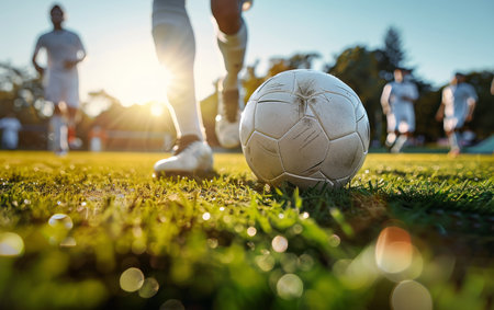 A close-up shot of a soccer players foot kicking a soccer ball on a sunny day. The player is wearing white shorts and black cleats. The ball is on the ground in front of the players foot. There are other players in the background, out of focus.の素材
