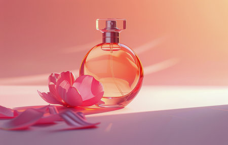 A close-up of a pink perfume bottle on a pink satin fabric with pink cherry blossoms in the background.の素材