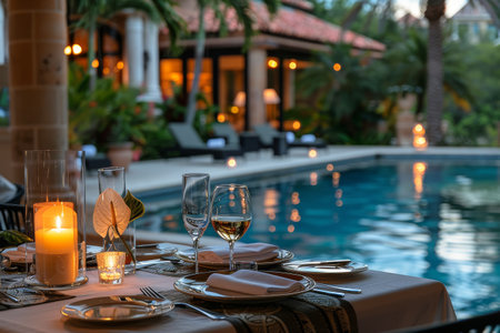 A candlelit table is set for two, with glasses of wine and a centerpiece of colorful flowers, overlooking a sparkling pool in a tropical garden at night.の素材