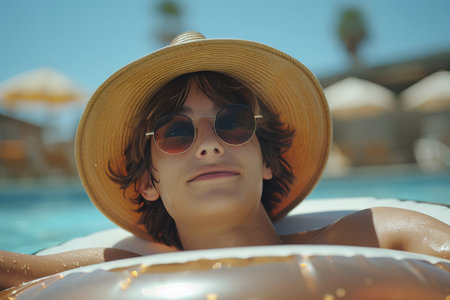 A woman with brown hair wears a straw hat and sunglasses as she relaxes on an orange inflatable pool float.の素材