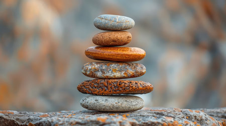 A stack of six smooth stones, in various shades of brown and gray, are balanced on top of each other on a rocky surface.の素材