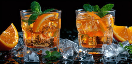 Three glasses of orange juice with ice and mint garnishes sit on a black surface, surrounded by orange slices and ice cubes.の素材