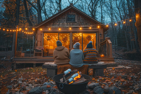 Four friends enjoy a winter evening together, roasting marshmallows over a fire pit.の素材