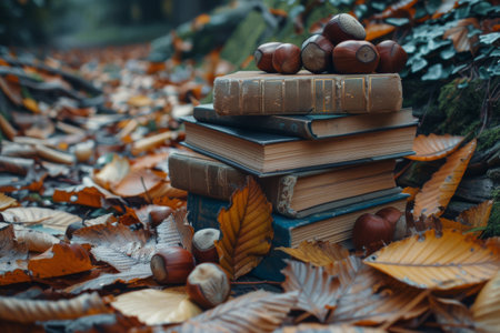 A stack of antique books rests on a bed of fallen autumn leaves in a forest setting.の素材