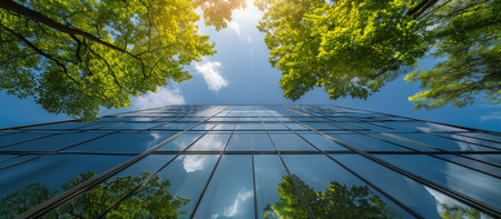 A low-angle view of a modern glass building with trees on either side. The sun shines through the leaves.の素材