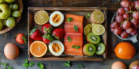 A wooden tray filled with a variety of fresh food items, including salmon, eggs, citrus fruit, strawberries, kiwi, and grapes.の素材