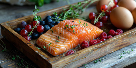 A close-up of a raw salmon filet arranged with fresh berries, herbs, and eggs in a wooden tray.の素材