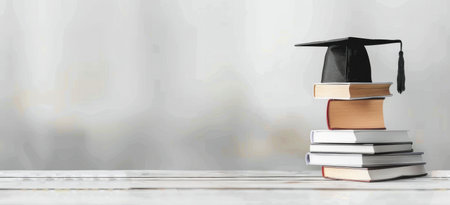 A graduation cap rests on top of a stack of books, positioned near a bright window.の素材