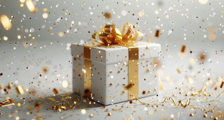 A white gift box with a golden bow is surrounded by falling confetti.の素材