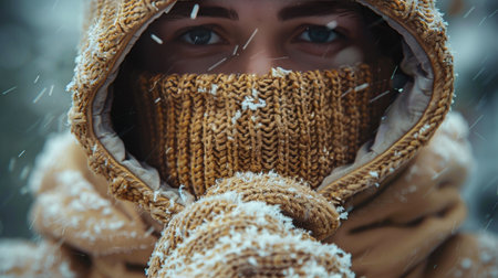 Close-up of a person wearing a brown knit hood and gloves, standing in snowy weather.の素材