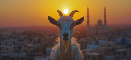 A white goat with a beard stars intently at the camera, with a sunset over a city and a mosque in the background.の素材