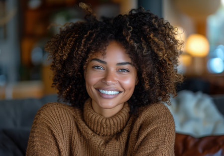 A woman with curly brown hair smiles at the camera, wearing a brown knitted sweater.の素材