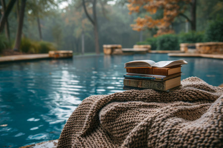 A wicker chair sits by a tranquil pool with an open book and a blanket draped over it.の素材