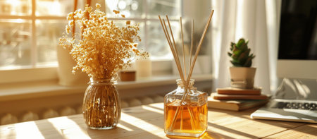 A dried flower bouquet and a reed diffuser are displayed on a wooden table in a sunlit room.の素材