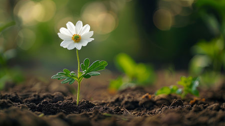 A single white flower blooms against a backdrop of rocks and blurred greenery, with the warm glow of the setting sun illuminating the scene.の素材