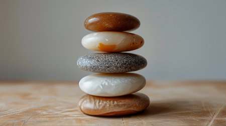 A stack of six smooth stones, in various shades of brown and gray, are balanced on top of each other on a rocky surface.の素材