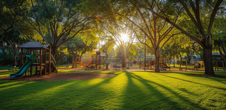 A wooden playground with slides and climbing structures in a park with tall trees. The sun sets in the background, casting long shadows.の素材