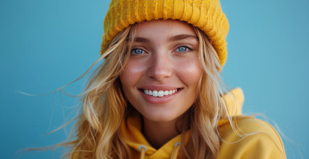 A young woman with blonde hair smiles while wearing a yellow knit hat and matching hoodie. The background is a bright blue wall.の素材