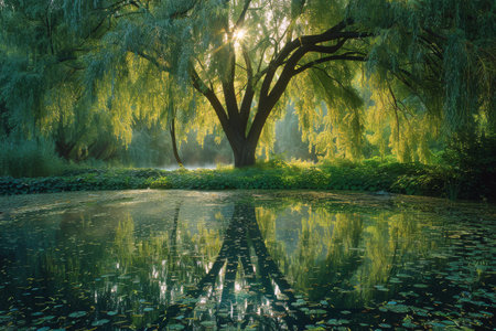 A small, stone-edged pond sits nestled amongst lush greenery in a tranquil garden setting.の素材