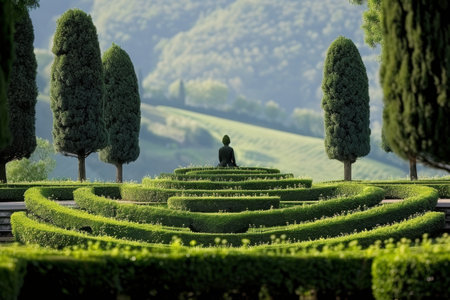 A view of a manicured garden with a central black fountain and brick walkways. The garden is filled with lush greenery and colorful flowers.の素材