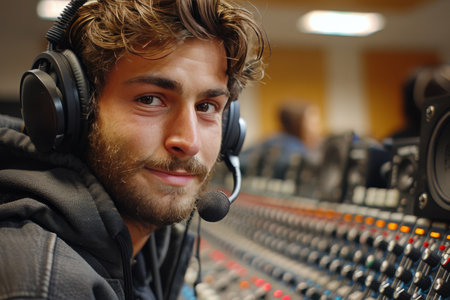 Two filmmakers film a dramatic smoke effect created by a powerful fan in a studio setting.の素材