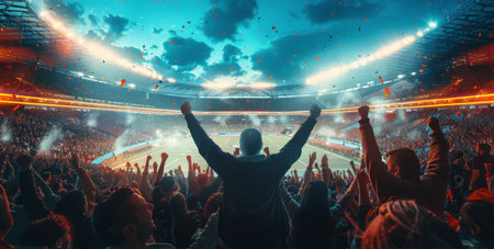A fan celebrates at a nighttime stadium event, arms raised in the air with confetti falling around them.の素材