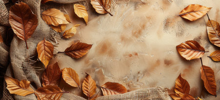 An overhead shot of brown fabric with a burlap overlay and scattered autumn leaves, creating a natural, rustic background.の素材