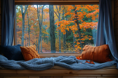 A cozy window seat with a view of an autumn forest, perfect for reading and relaxing on a chilly fall day.の素材