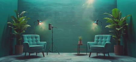 A studio setup featuring two plush armchairs, a microphone stand, and professional lighting equipment, set against a bright blue backdrop.の素材
