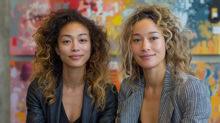 Two young women with bright smiles stand together, arms raised in the air, celebrating something exciting. They are outdoors, enjoying a sunny day and radiating positivity.の素材