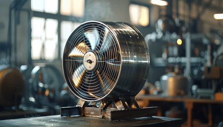 A close-up shot of a large industrial fan with a silver finish, sitting on a wet concrete floor in a modern factory setting.の素材
