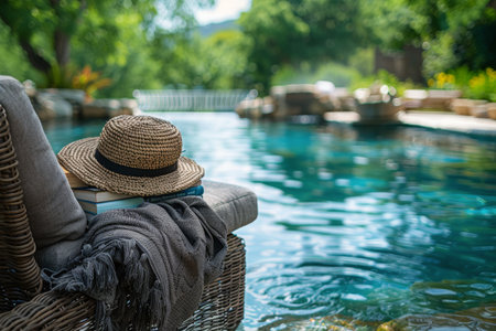 A wicker chair sits by a tranquil pool with an open book and a blanket draped over it.の素材