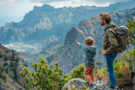 A father and son stand on a mountain ridge, enjoying a breathtaking view of a valley below. They are both wearing casual clothing and the son is pointing towards the vista.の素材